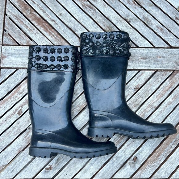 Burberry Black Rainboots Studded Cuff Leather Tall Boots - Picture 1 of 6